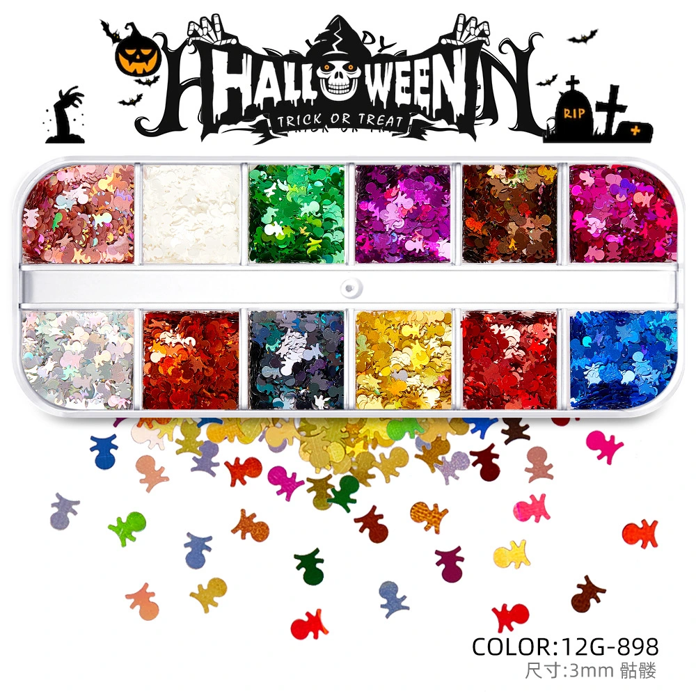 Nail Art Decorations 12 Grids Mixed Design DIY Decoration Pumpkin Ghost Cat Spider Skeleton Halloween Nail Sequins